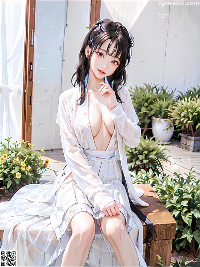 A woman in a white robe sitting on a bench.