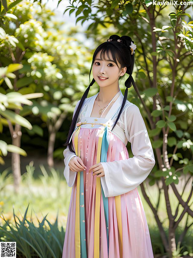 A woman in a pink and blue dress posing for a picture.