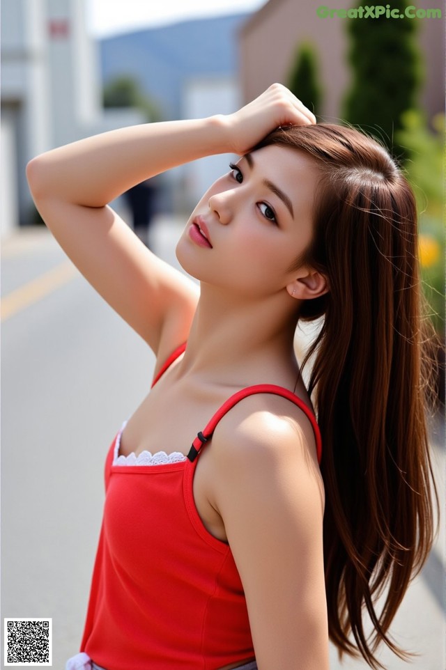 A woman in a red tank top is posing for a picture.