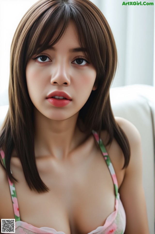 A woman in a pink bra top sitting on a couch.