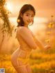 A woman in a yellow lingerie standing in a field of flowers.